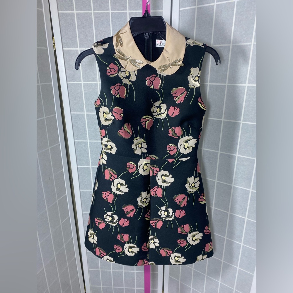 RED Valentino Black Floral Sleeveless Dress with Cream Collar